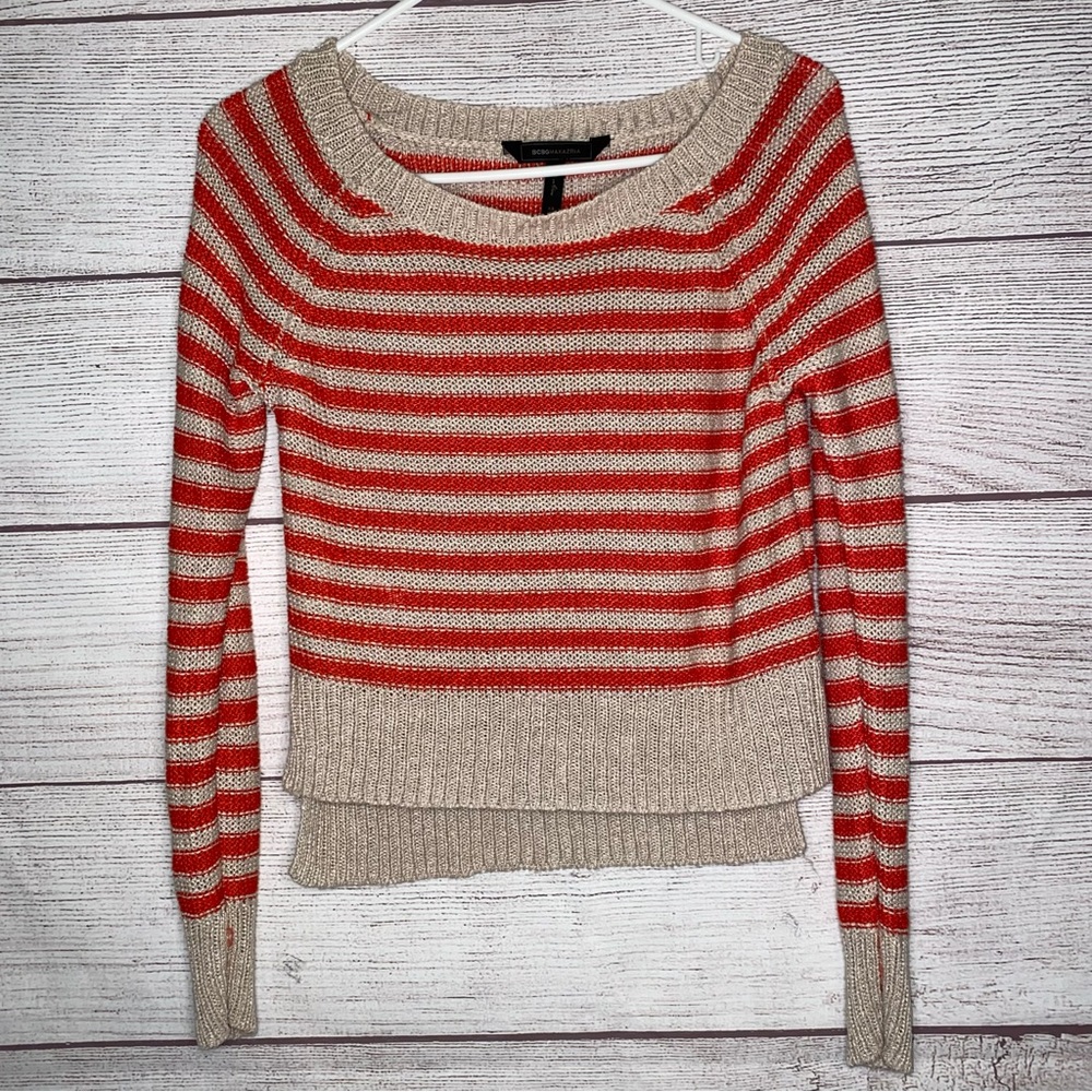 BCBGMAXAZRIA stripe high-low knit cream & orange sweater women’s long sleeve